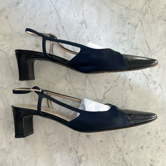 CHANEL Authentic Navy & Black Cap Toe Slingback Heels 36.5 - Picture 8 of 8